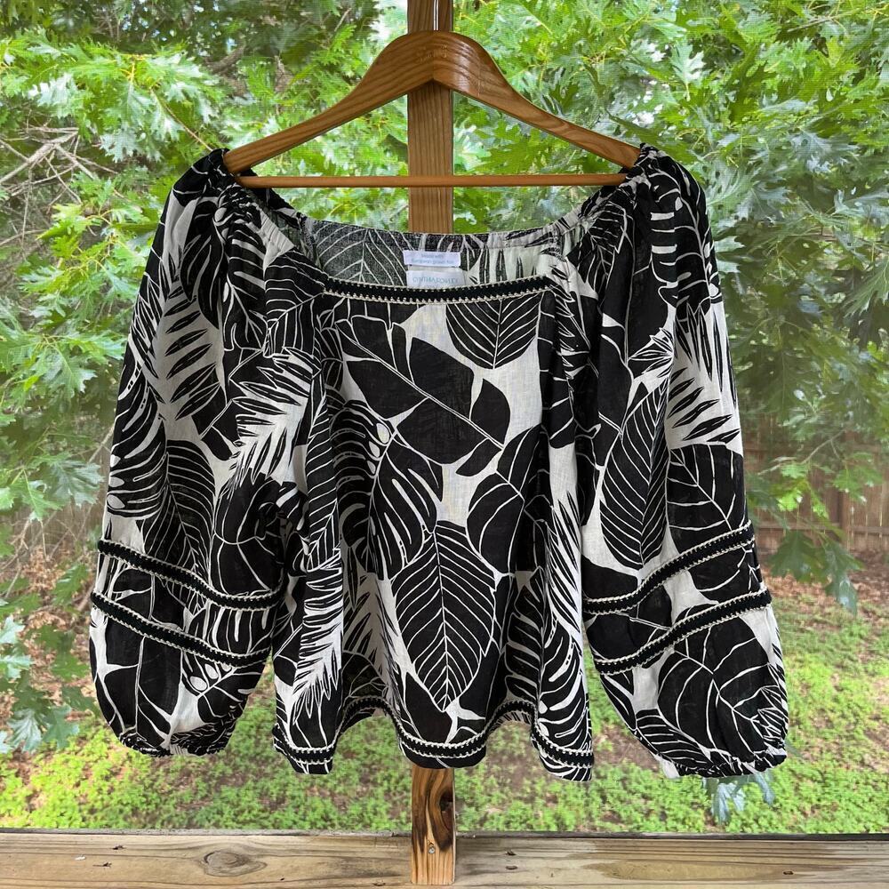 Cynthia Rowley Black And White Botanical Print 100% Linen Blouse Size L. NEW